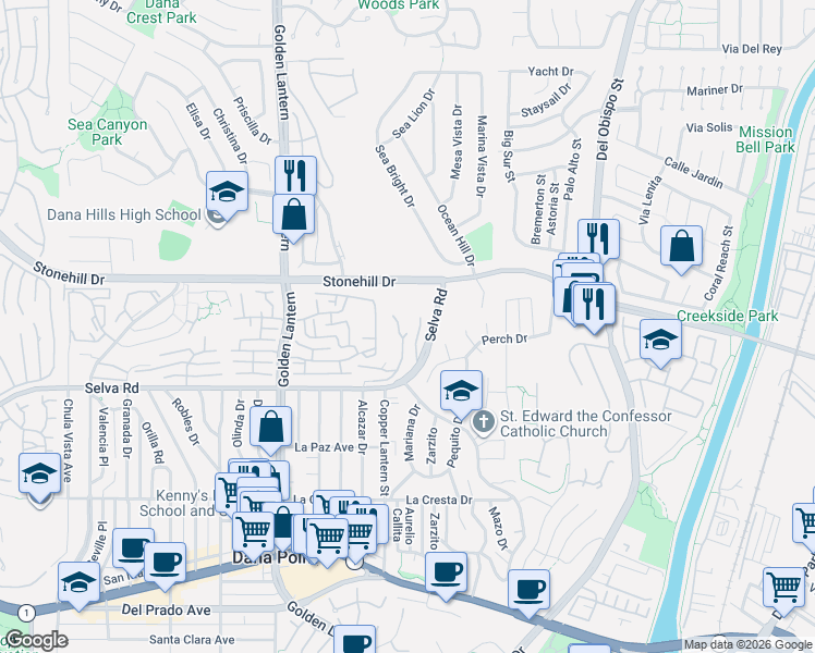map of restaurants, bars, coffee shops, grocery stores, and more near 33608 Holtz Hill Drive in Dana Point
