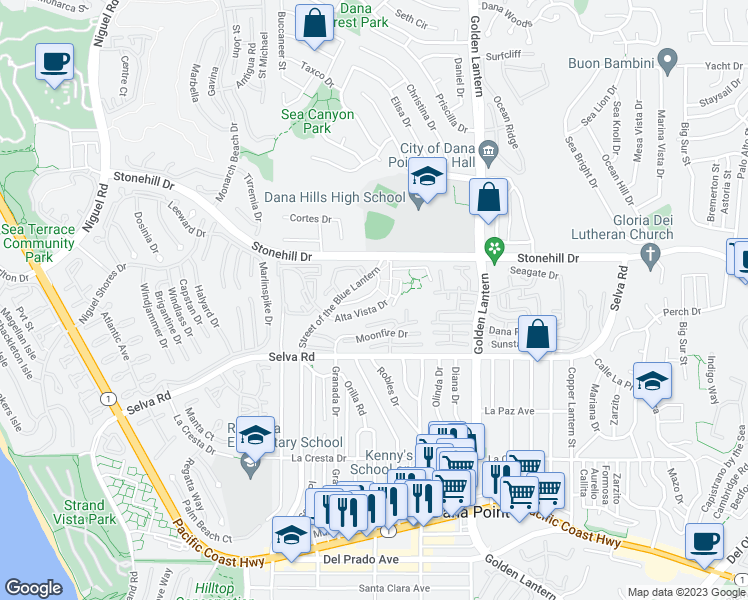 map of restaurants, bars, coffee shops, grocery stores, and more near 24541 Alta Vista Drive in Dana Point