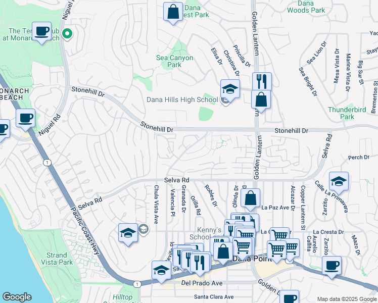 map of restaurants, bars, coffee shops, grocery stores, and more near 24382 Lantern Hill Drive in Dana Point