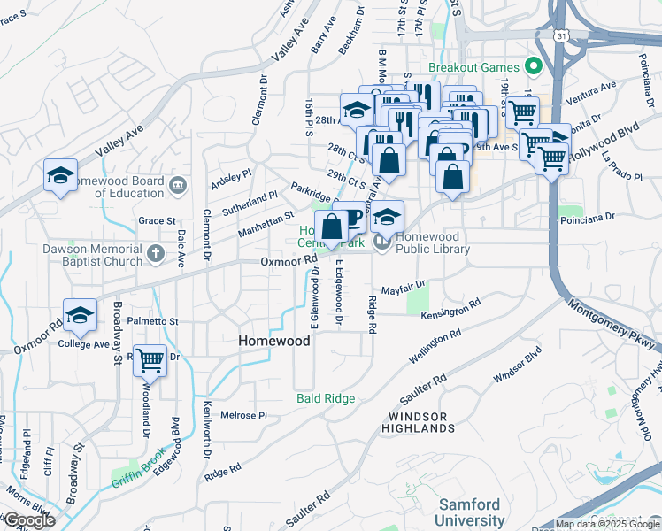 map of restaurants, bars, coffee shops, grocery stores, and more near 1630 Oxmoor Road in Birmingham