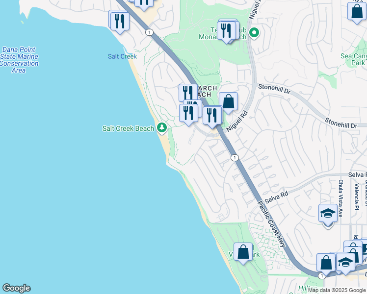 map of restaurants, bars, coffee shops, grocery stores, and more near 1 Ritz Carlton Drive in Dana Point