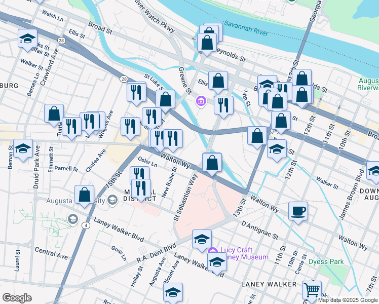 map of restaurants, bars, coffee shops, grocery stores, and more near 1435 Walton Way in Augusta