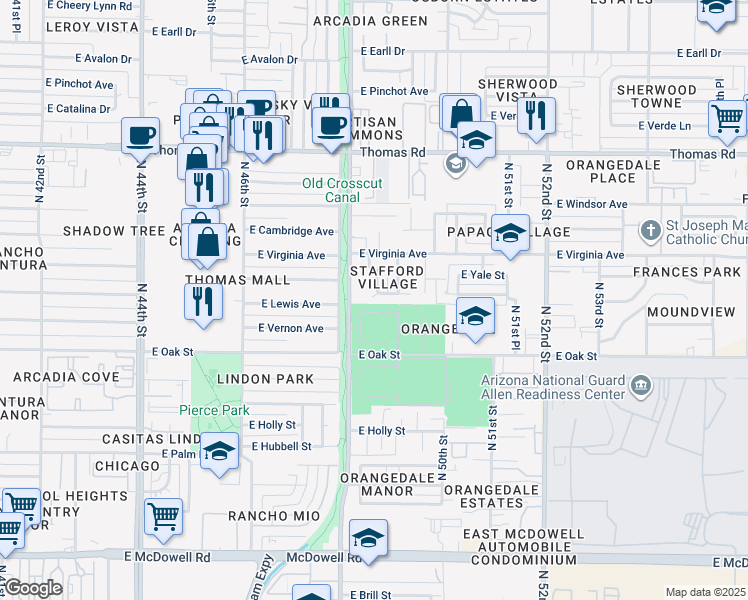 map of restaurants, bars, coffee shops, grocery stores, and more near 2523 North 48th Place in Phoenix