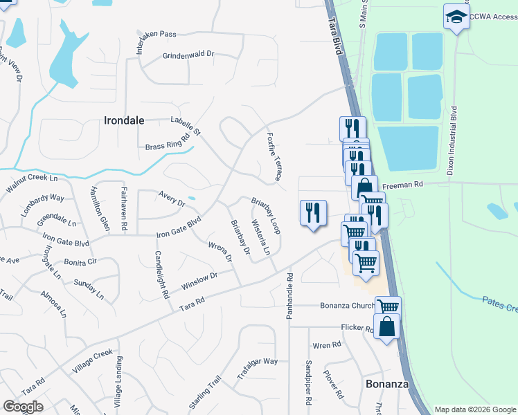 map of restaurants, bars, coffee shops, grocery stores, and more near 10282 Wisteria Lane in Jonesboro