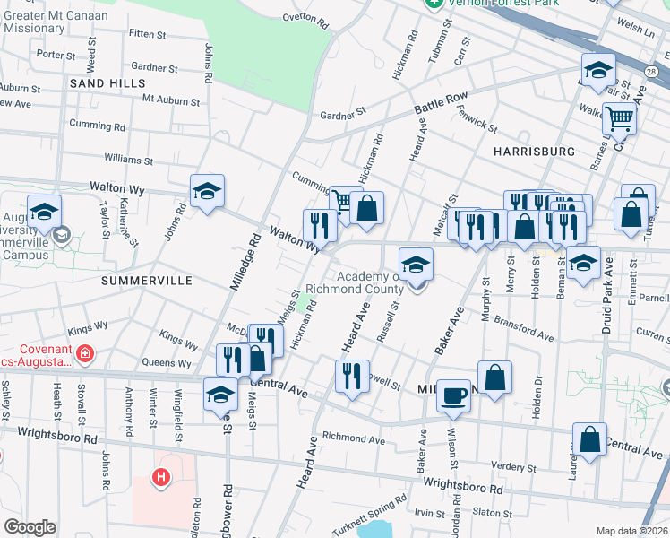map of restaurants, bars, coffee shops, grocery stores, and more near 924 Hickman Road in Augusta