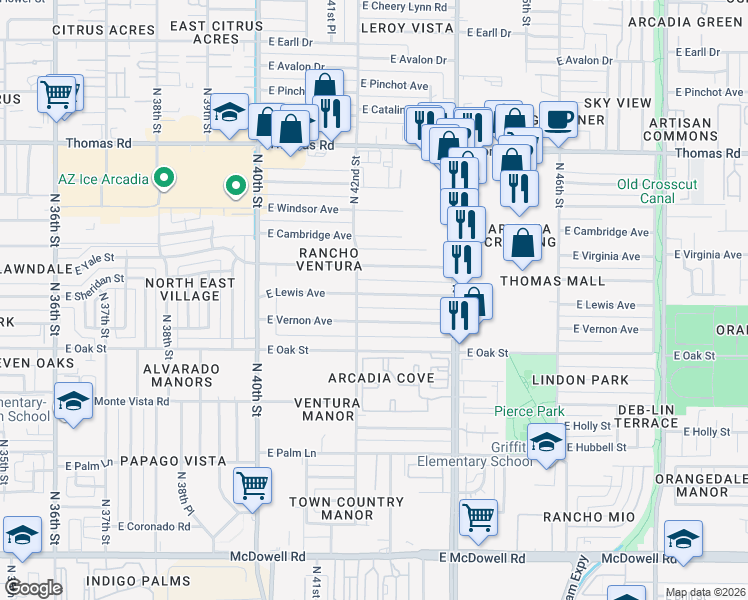 map of restaurants, bars, coffee shops, grocery stores, and more near 4234 East Lewis Avenue in Phoenix