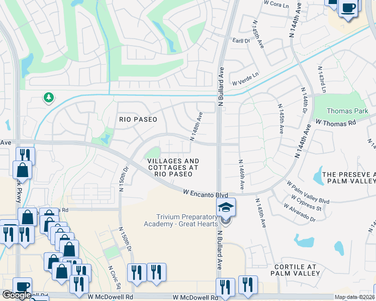 map of restaurants, bars, coffee shops, grocery stores, and more near 2511 North 148th Drive in Goodyear