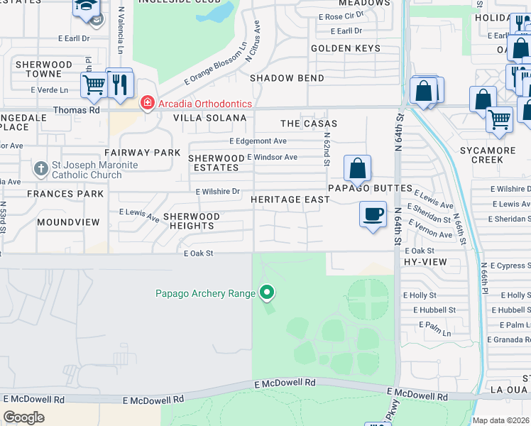 map of restaurants, bars, coffee shops, grocery stores, and more near 6025 East Wilshire Drive in Scottsdale