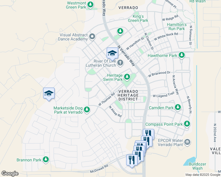 map of restaurants, bars, coffee shops, grocery stores, and more near 2632 North Heritage Street in Buckeye