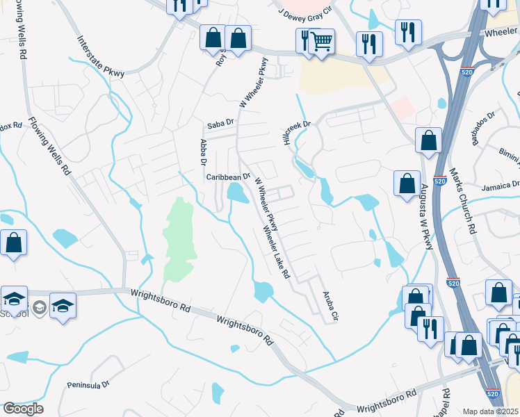 map of restaurants, bars, coffee shops, grocery stores, and more near 5040 Wheeler Lake Road in Augusta