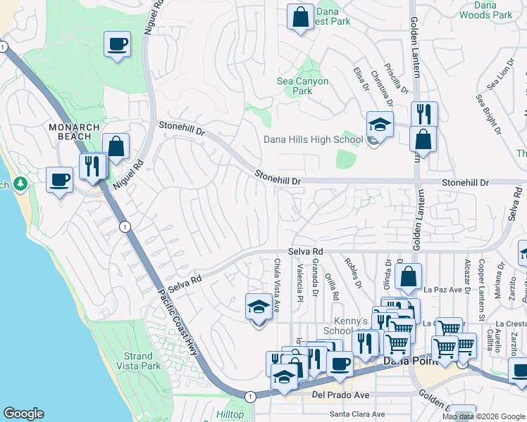 map of restaurants, bars, coffee shops, grocery stores, and more near 33555 Via Corvalian in Dana Point