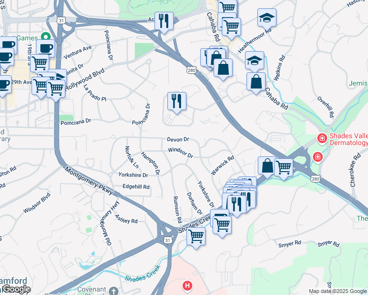 map of restaurants, bars, coffee shops, grocery stores, and more near 418 Devon Drive in Birmingham