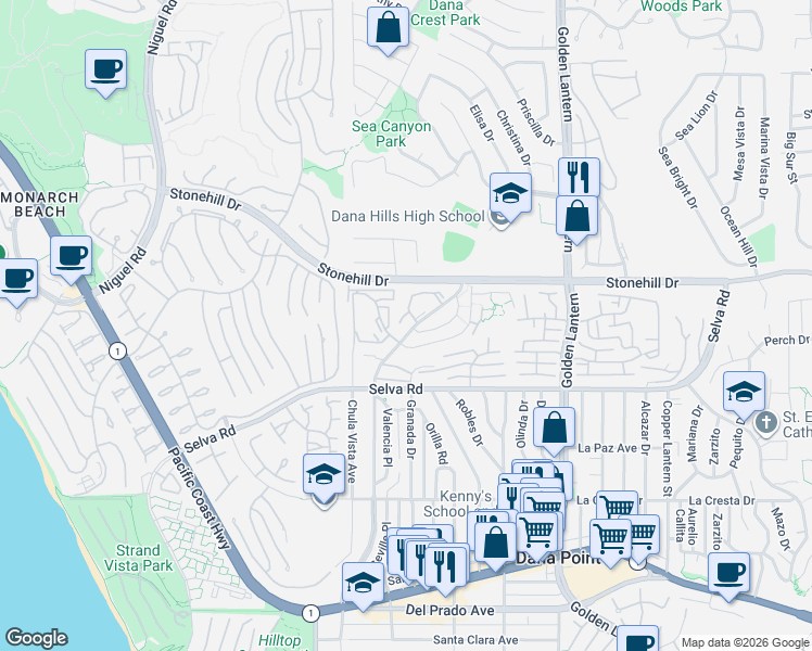 map of restaurants, bars, coffee shops, grocery stores, and more near 33621 Street of the Blue Lantern in Dana Point