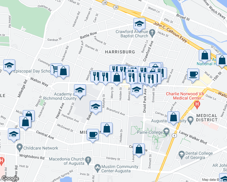 map of restaurants, bars, coffee shops, grocery stores, and more near 918 Merry Street in Augusta