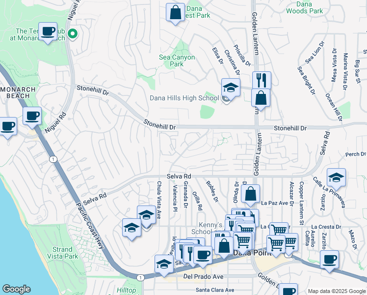 map of restaurants, bars, coffee shops, grocery stores, and more near 33621 Street of the Blue Lantern in Dana Point