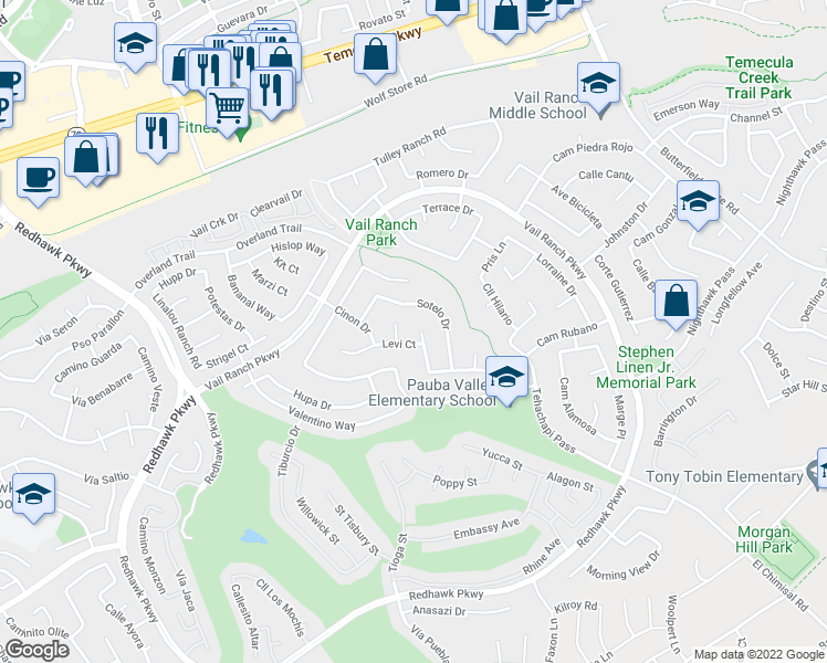 map of restaurants, bars, coffee shops, grocery stores, and more near 44819 Fern Circle in Temecula