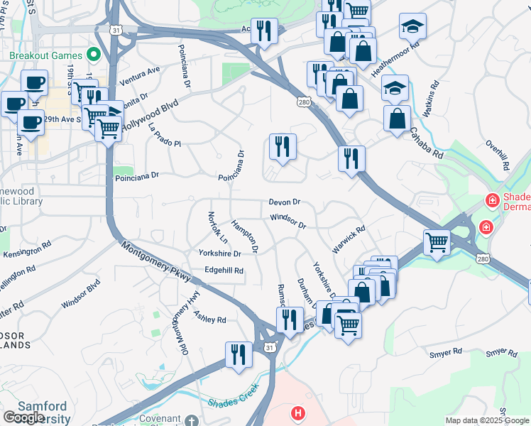 map of restaurants, bars, coffee shops, grocery stores, and more near 401 Devon Drive in Birmingham