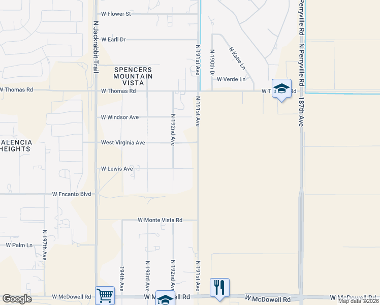 map of restaurants, bars, coffee shops, grocery stores, and more near 2512 North 191st Avenue in Buckeye