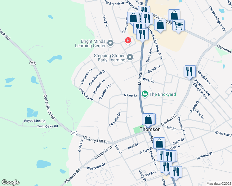 map of restaurants, bars, coffee shops, grocery stores, and more near 605 Beechwood Drive in Thomson
