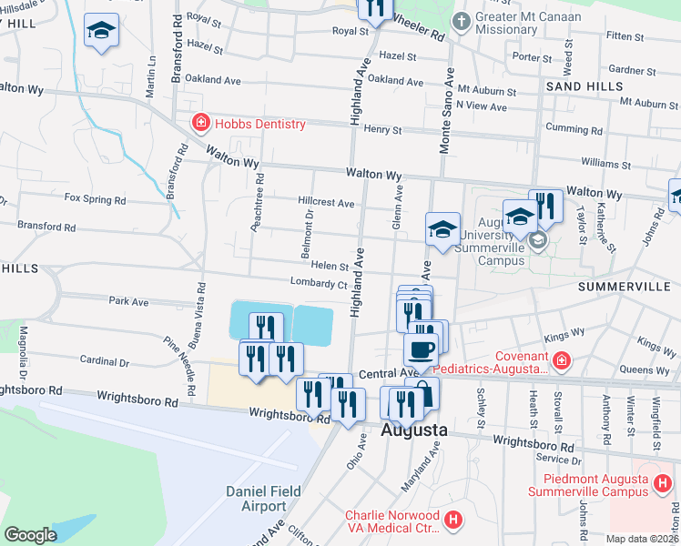 map of restaurants, bars, coffee shops, grocery stores, and more near 2811 Helen Street in Augusta