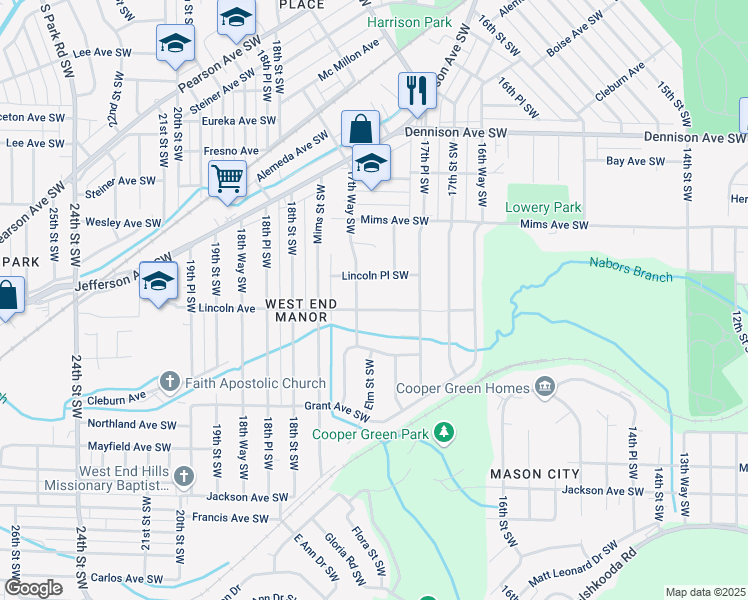 map of restaurants, bars, coffee shops, grocery stores, and more near 1755 Lincoln Place Southwest in Birmingham