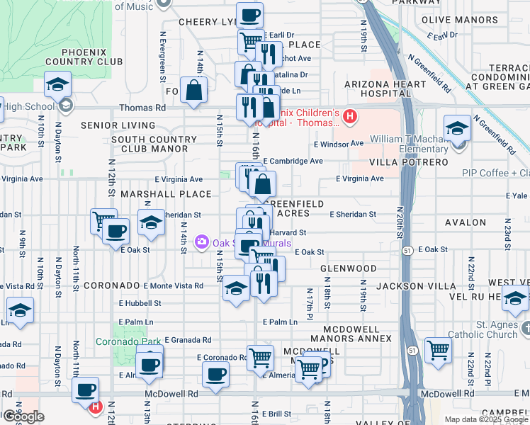 map of restaurants, bars, coffee shops, grocery stores, and more near 2533 North 16th Street in Phoenix
