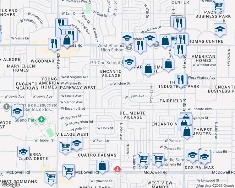 map of restaurants, bars, coffee shops, grocery stores, and more near 2525 North 39th Avenue in Phoenix