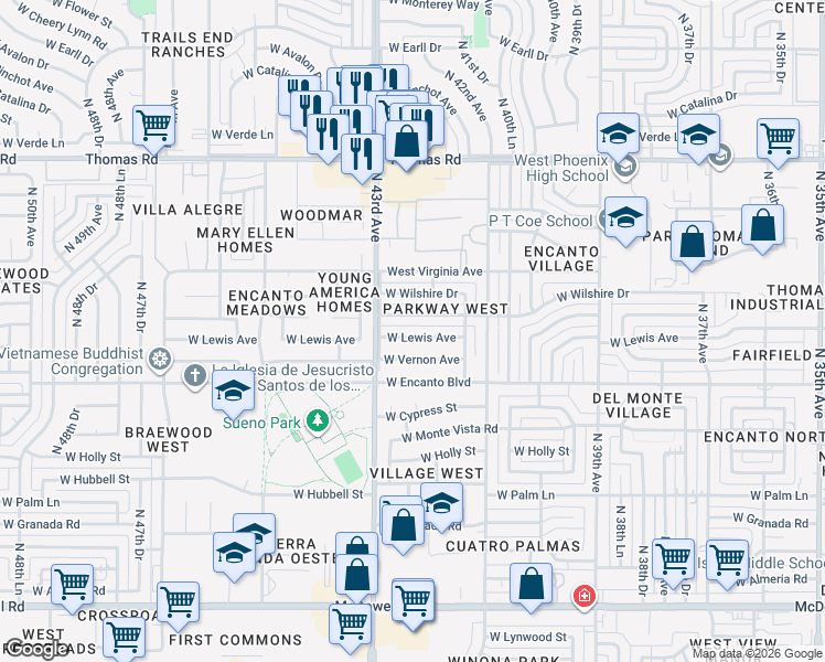 map of restaurants, bars, coffee shops, grocery stores, and more near 4224 West Sheridan Street in Phoenix