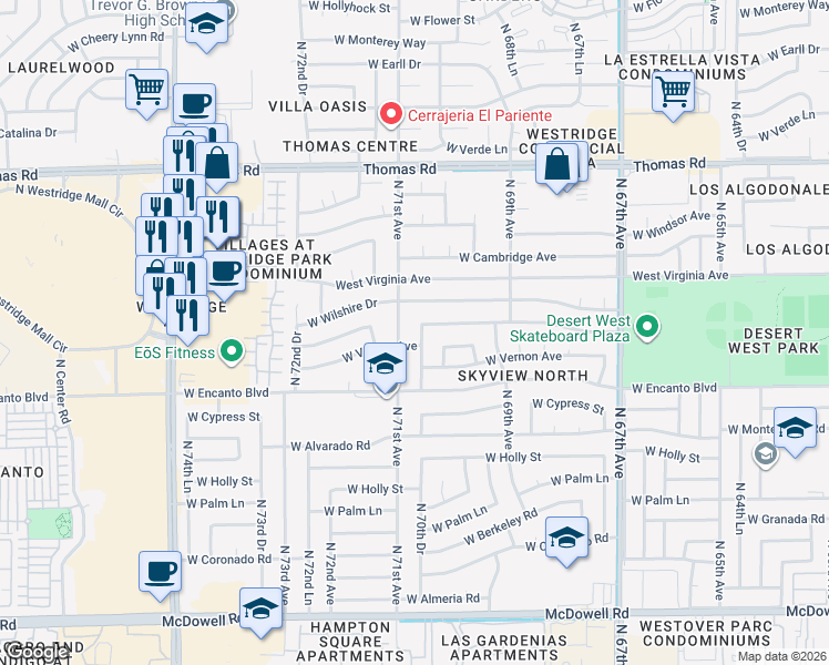 map of restaurants, bars, coffee shops, grocery stores, and more near 2526 North 71st Avenue in Phoenix