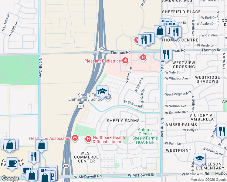 map of restaurants, bars, coffee shops, grocery stores, and more near 9413 West Jamestown Road in Phoenix