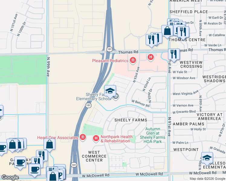 map of restaurants, bars, coffee shops, grocery stores, and more near 9441 West Wilshire Avenue in Phoenix