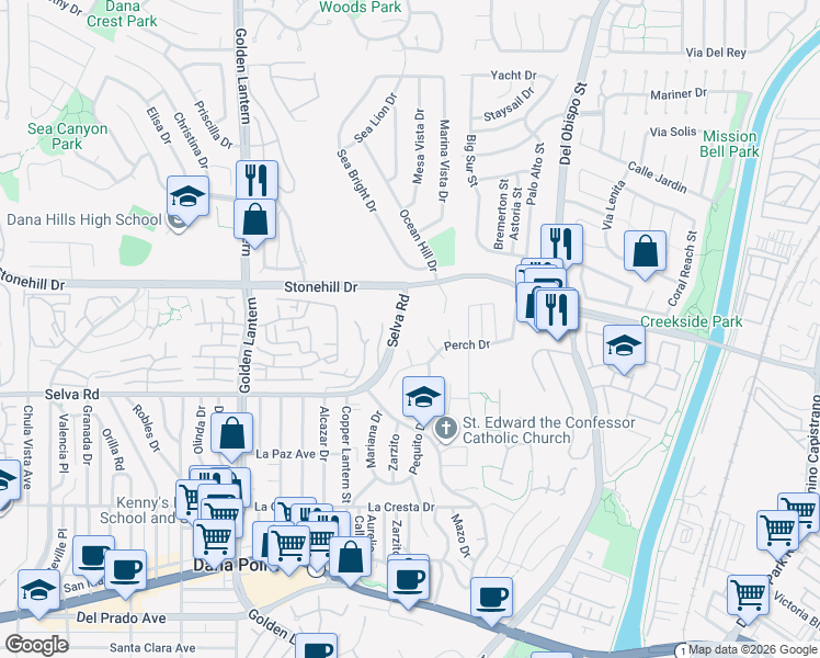 map of restaurants, bars, coffee shops, grocery stores, and more near 33632 Diamond Ridge Court in Dana Point