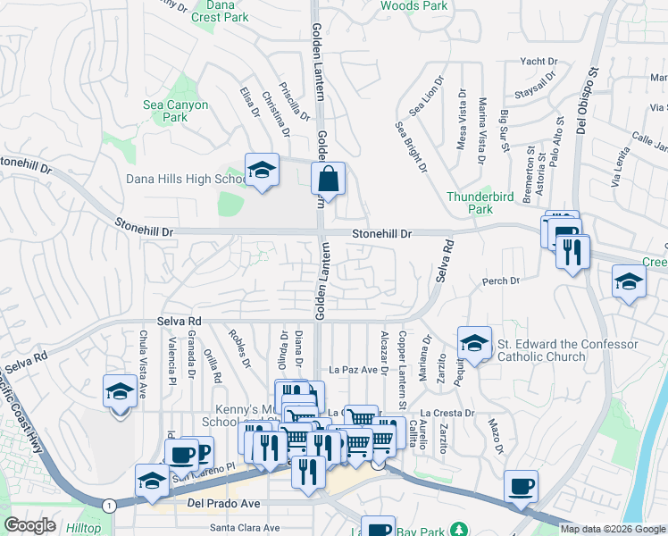 map of restaurants, bars, coffee shops, grocery stores, and more near in Dana Point