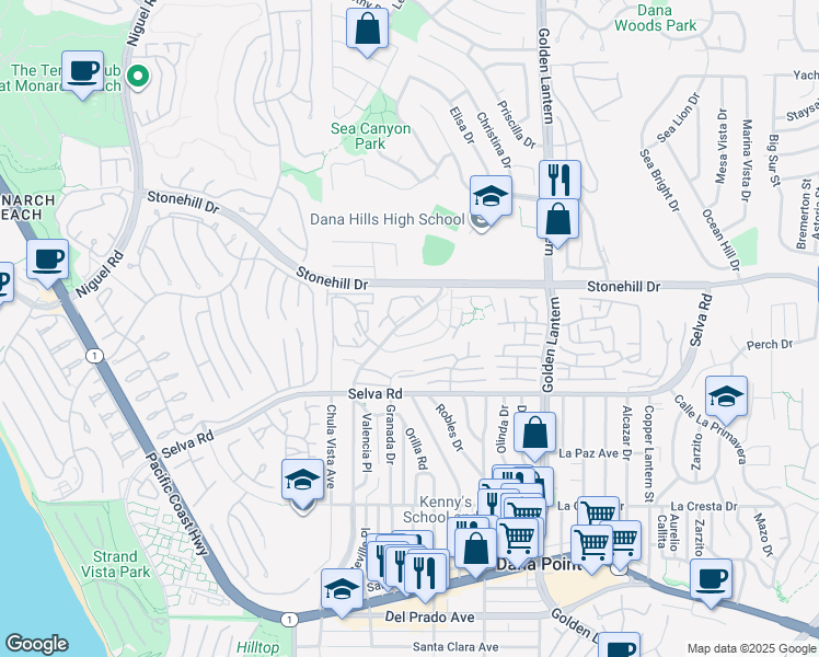 map of restaurants, bars, coffee shops, grocery stores, and more near 24382 Lantern Hill Drive in Dana Point