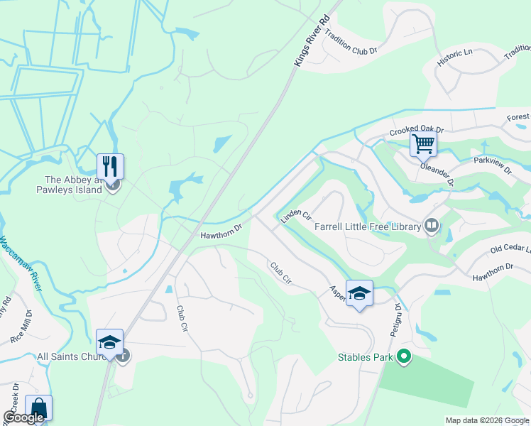 map of restaurants, bars, coffee shops, grocery stores, and more near 1671 Hawthorn Drive in Pawleys Island