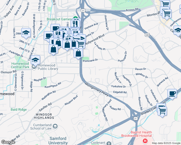 map of restaurants, bars, coffee shops, grocery stores, and more near 2036 Lancaster Road in Homewood