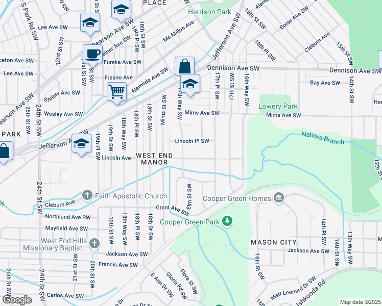 map of restaurants, bars, coffee shops, grocery stores, and more near 1755 Lincoln Place Southwest in Birmingham