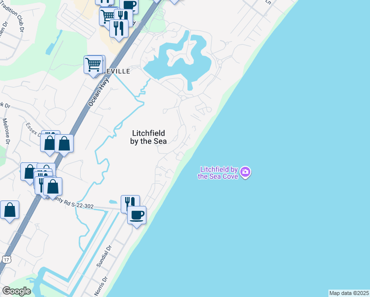 map of restaurants, bars, coffee shops, grocery stores, and more near 195 South Dunes Drive in Pawleys Island
