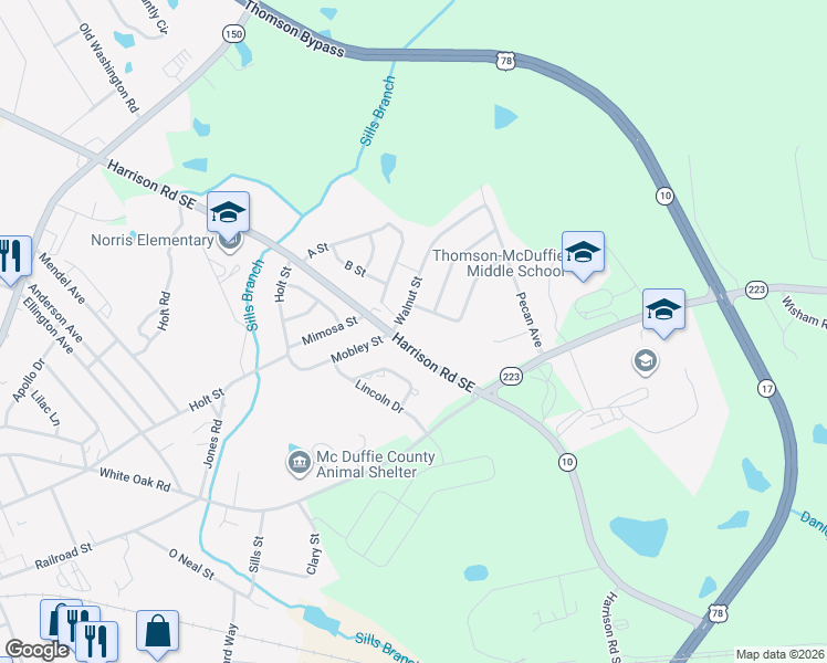 map of restaurants, bars, coffee shops, grocery stores, and more near 302 Walnut Street in Thomson