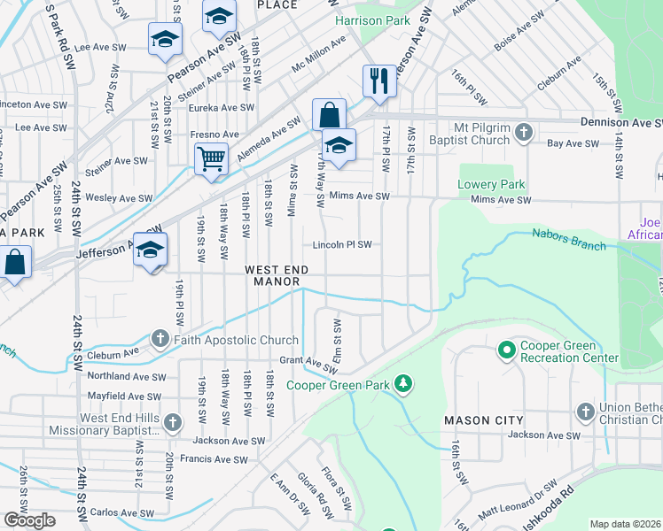 map of restaurants, bars, coffee shops, grocery stores, and more near 1755 Lincoln Place Southwest in Birmingham