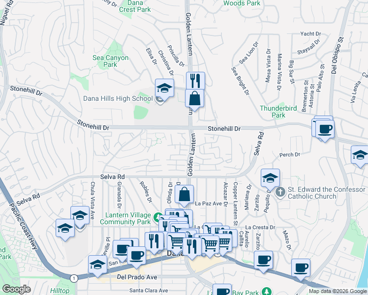 map of restaurants, bars, coffee shops, grocery stores, and more near 33558 Sea Gull Court in Dana Point