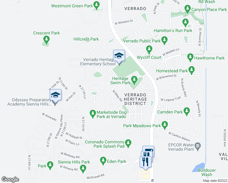 map of restaurants, bars, coffee shops, grocery stores, and more near 2221 North Riley Road in Buckeye