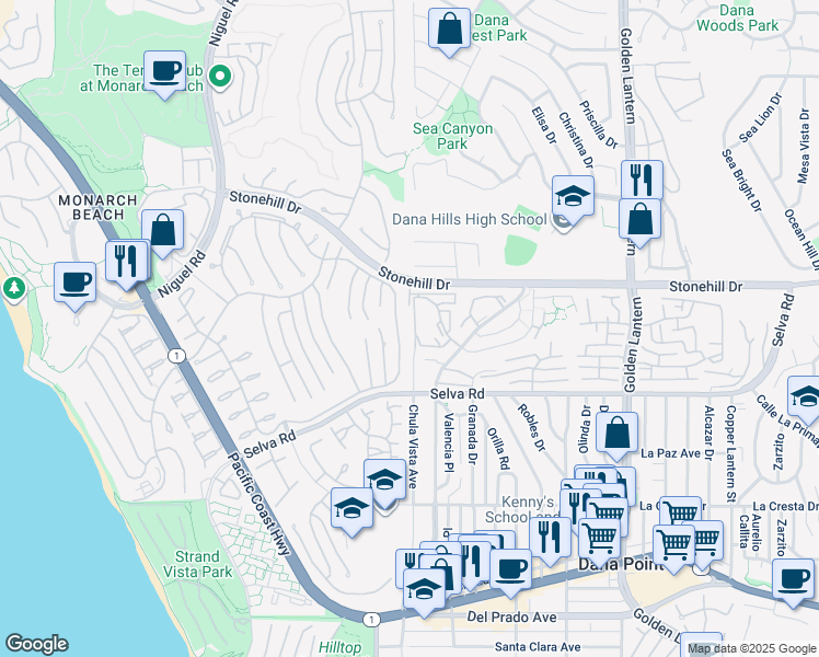 map of restaurants, bars, coffee shops, grocery stores, and more near 33565 Via Corvalian in Dana Point