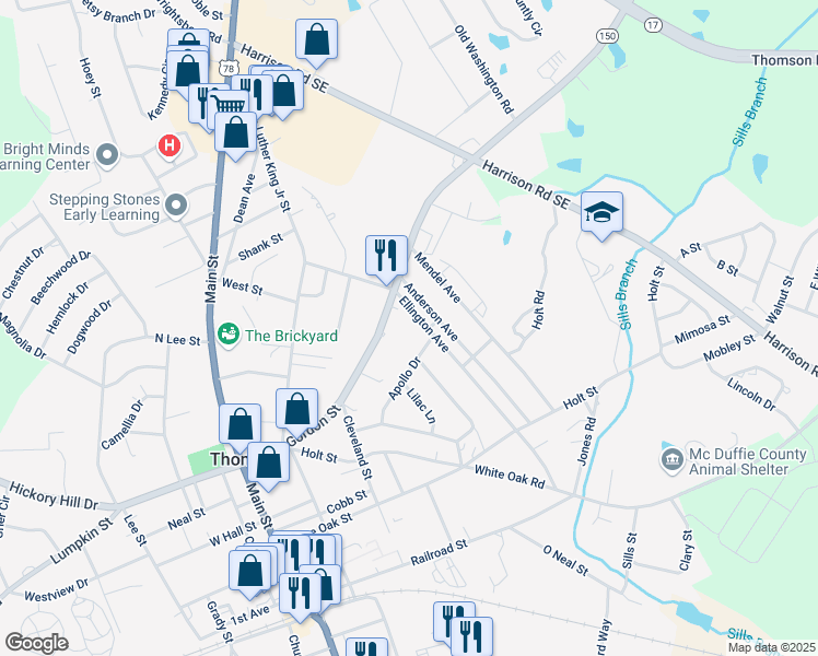 map of restaurants, bars, coffee shops, grocery stores, and more near 501-605 Ellington Avenue in Thomson