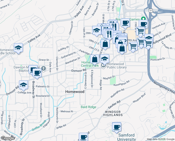 map of restaurants, bars, coffee shops, grocery stores, and more near 1621 Oxmoor Road in Birmingham