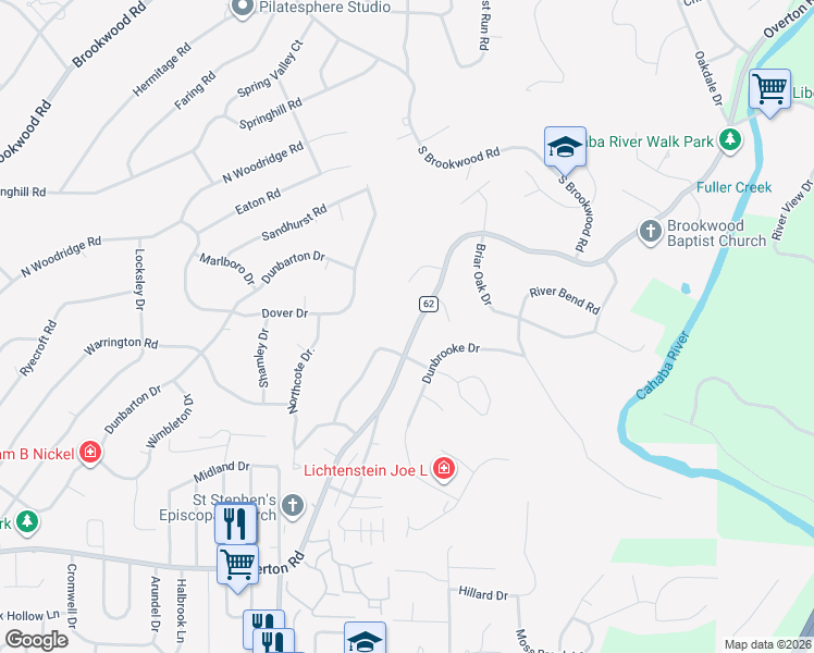 map of restaurants, bars, coffee shops, grocery stores, and more near 3349 Overton Road in Birmingham