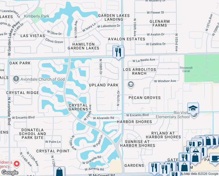 map of restaurants, bars, coffee shops, grocery stores, and more near 10774 West Cambridge Avenue in Avondale