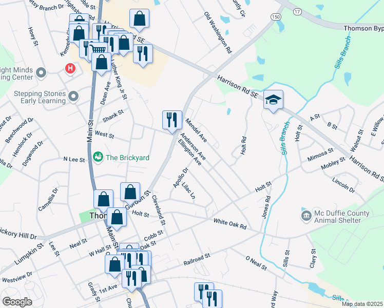 map of restaurants, bars, coffee shops, grocery stores, and more near 501 Ellington Avenue in Thomson