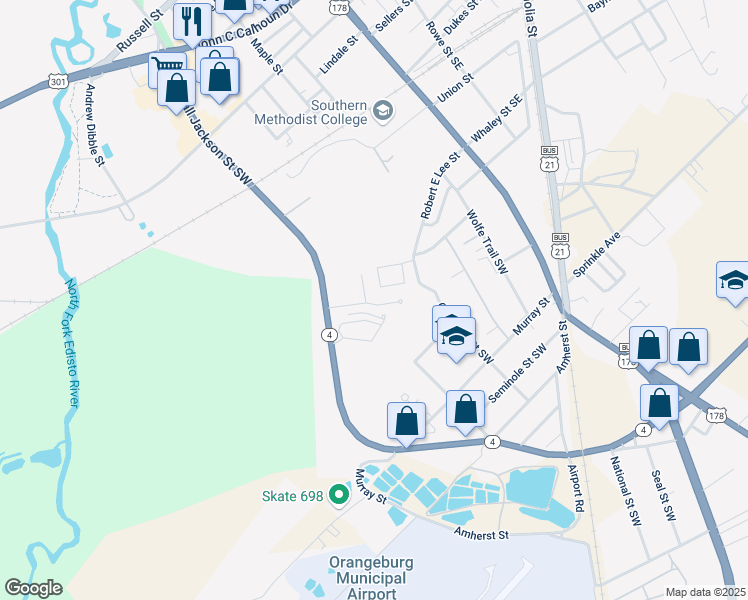map of restaurants, bars, coffee shops, grocery stores, and more near 225 Folly Road in Orangeburg