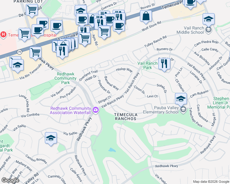 map of restaurants, bars, coffee shops, grocery stores, and more near 32594 Strigel Court in Temecula